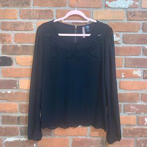 Black Laser Cut Long Sleeve Blouse Size XL